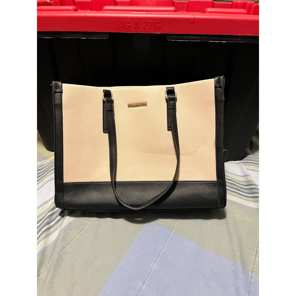 Anne Klein Beige Black Color Block Tote Bag Faux Leather Professionalβ Work Bag